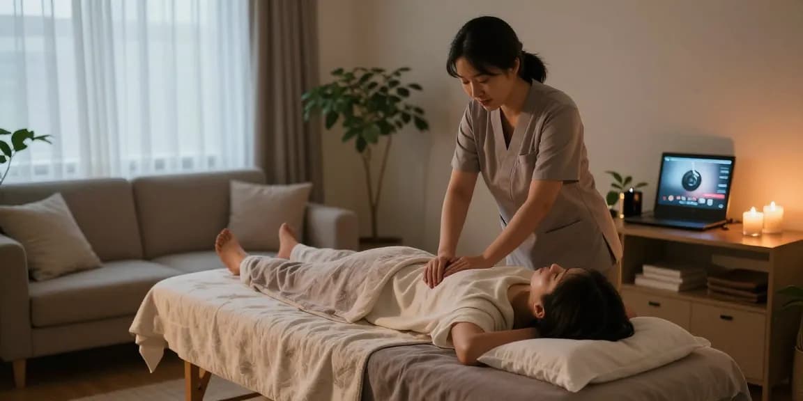 Experiencing a calming 강남출장마사지 in a serene home setting with soothing elements.