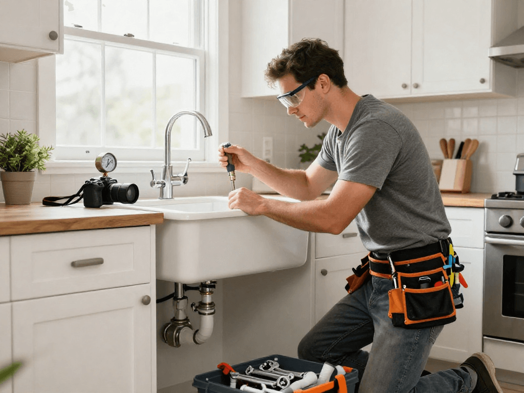 Plumbing service Fort Worth professional plumber repairing a kitchen sink, showcasing tools and bright kitchen setting.