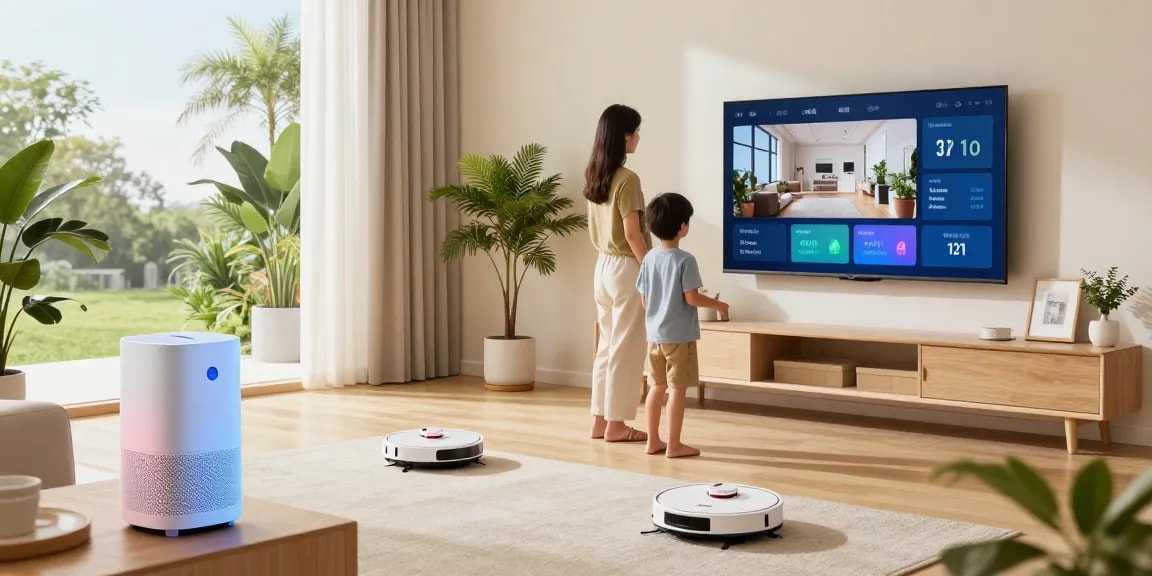 Family using the best smart home gadgets 2026 in a modern living room with smart lighting and interactive devices.