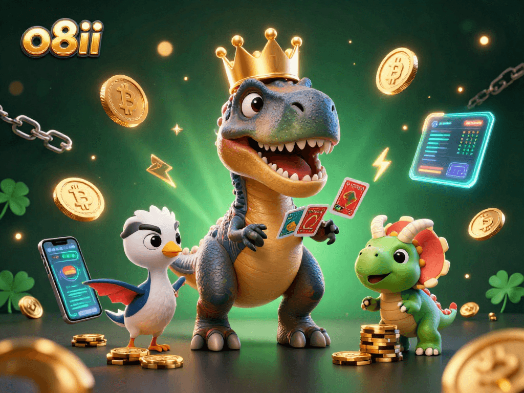 Join the fun at o8ii with a T-Rex and friends amid thrilling gaming elements!