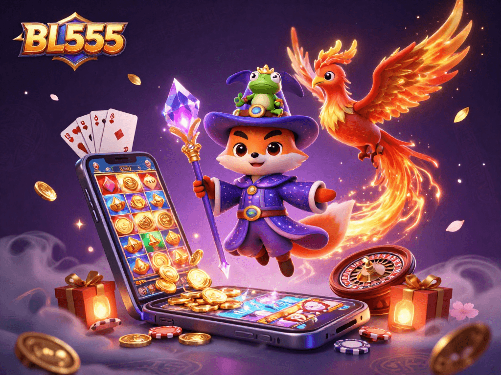 Spin and win at BL555 with vibrant casino games featuring a wizard, phoenix, and enchanted elements.