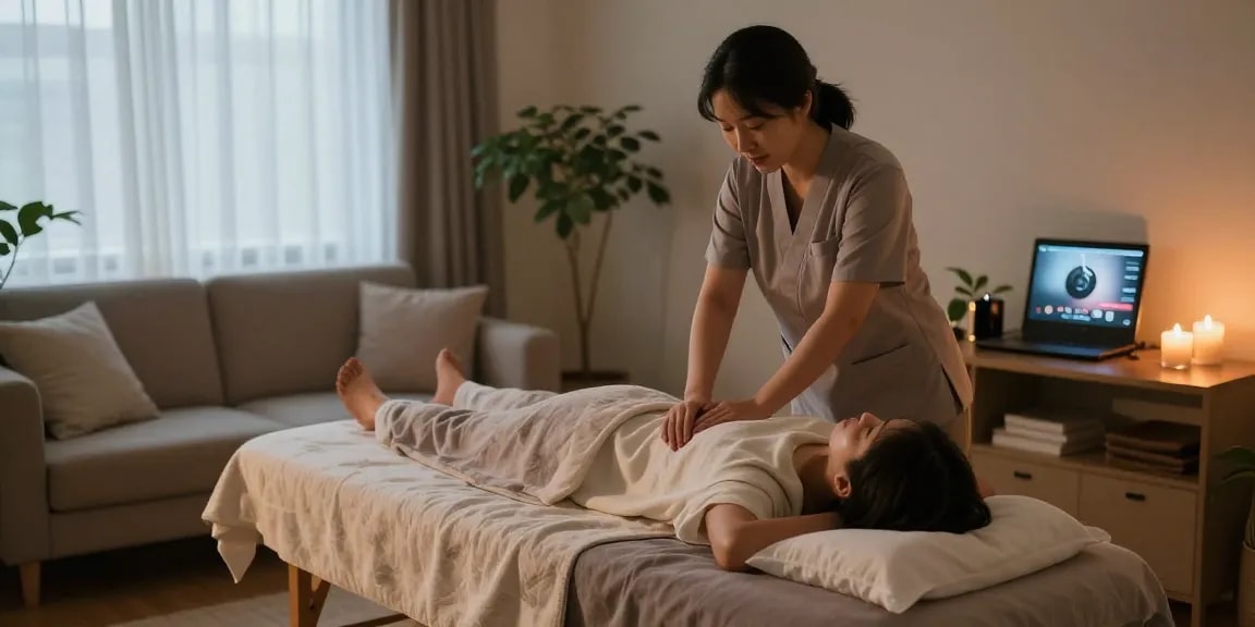 Experiencing a calming 강남출장마사지 in a serene home setting with soothing elements.