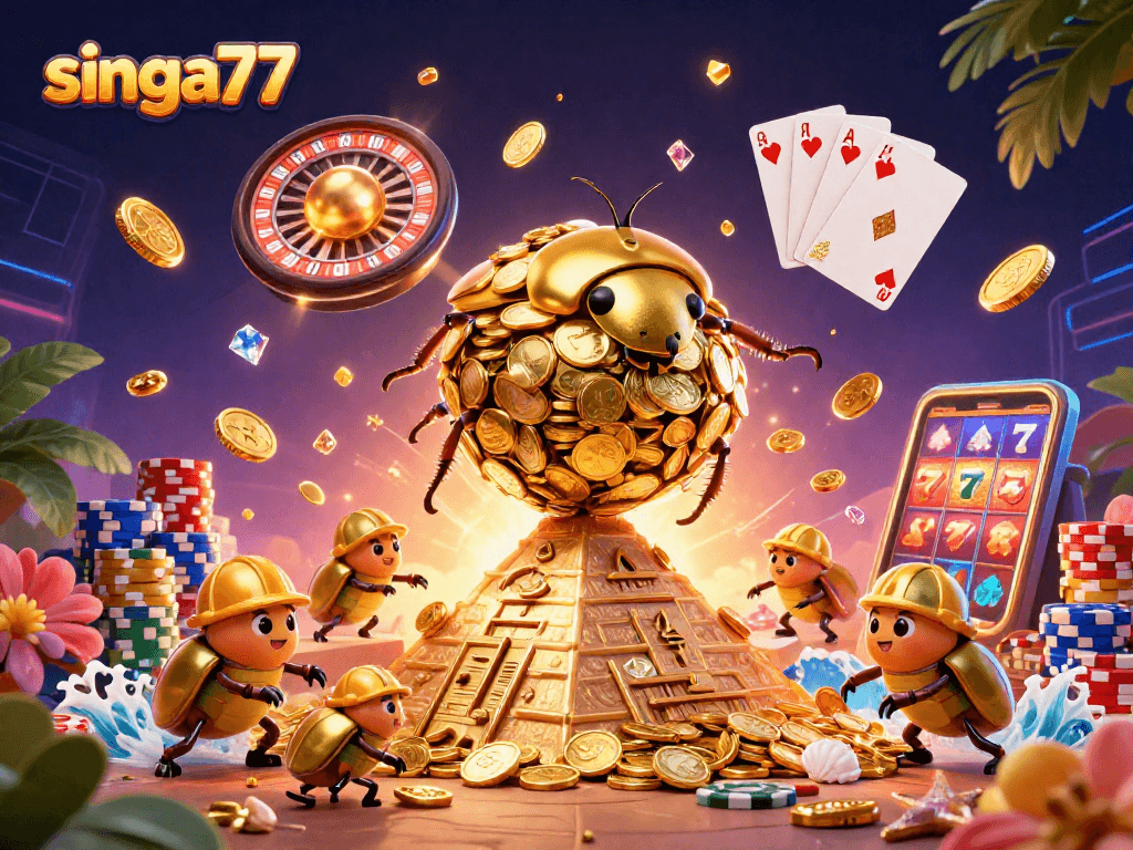 Singa77 showcasing a vibrant 3D scene of golden beetles rolling coins, surrounded by casino elements.