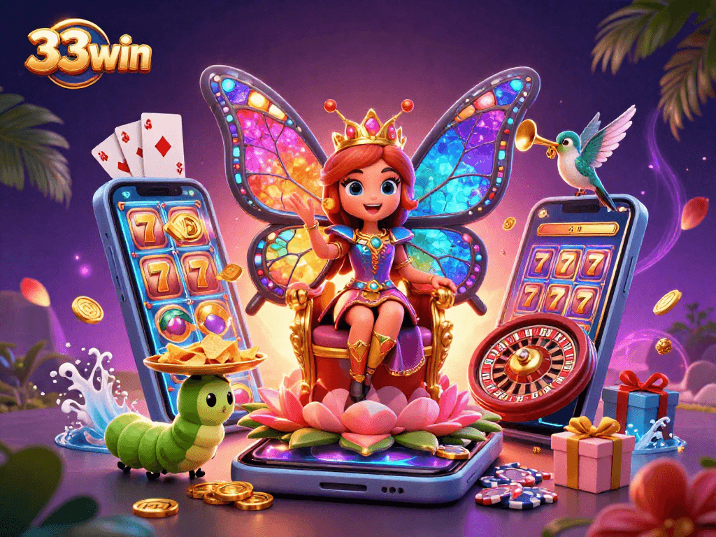 Play colorful slot games and enjoy rich rewards with 33win's vibrant casino illustration.