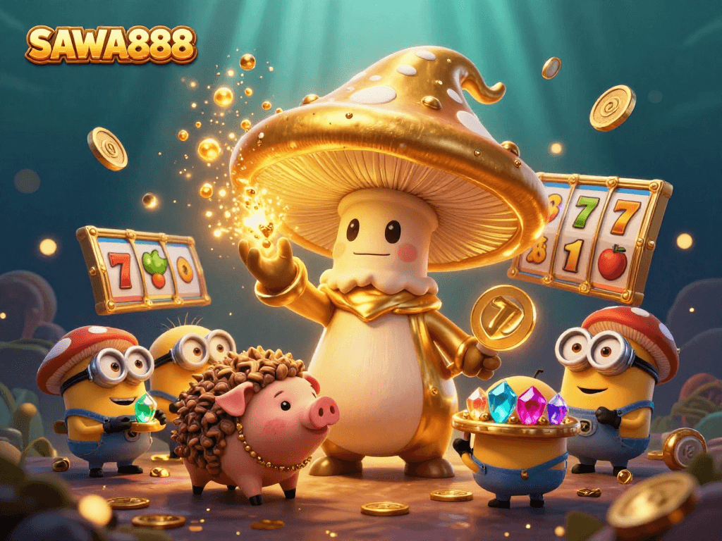 Spin the reels with SAWA888's magical golden mushroom wizard and treasure-seeking pig.