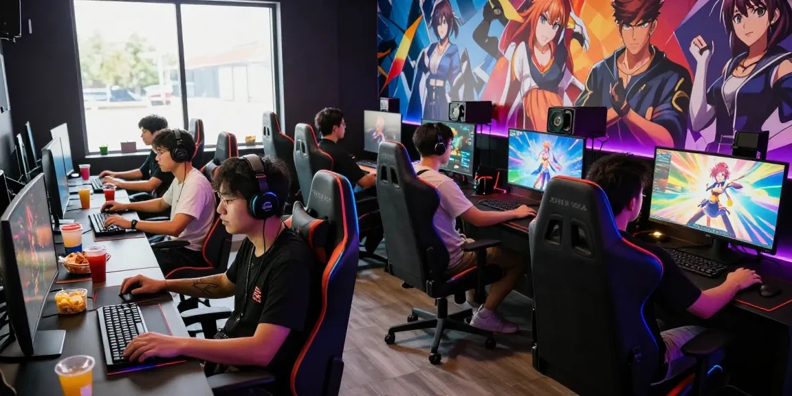 Engaged gamers enjoying hentai games in a vibrant gaming lounge