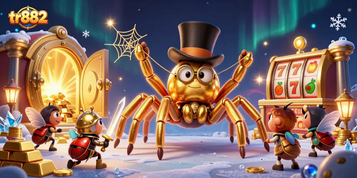 Join the excitement of tr882's casino experience with a giant tarantula and knight surrounded by treasures.