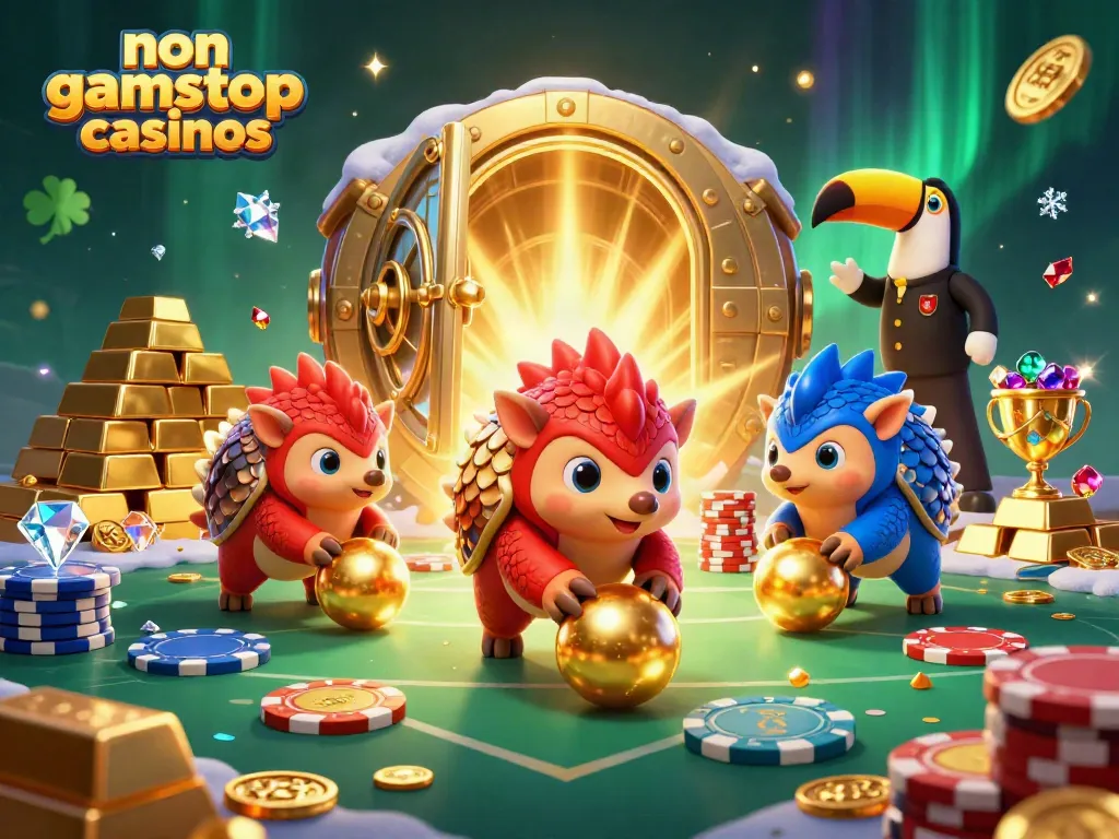 Engaging scene of non gamstop casinos featuring rival pangolins rolling through poker chips, with vibrant gold and gem highlights.
