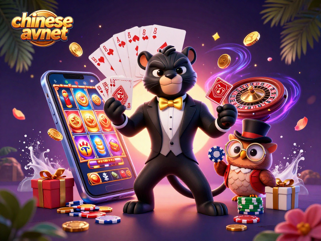 Engage in thrilling gameplay with the chineseavnet, featuring a stylish panther and friends in a vibrant casino environment.