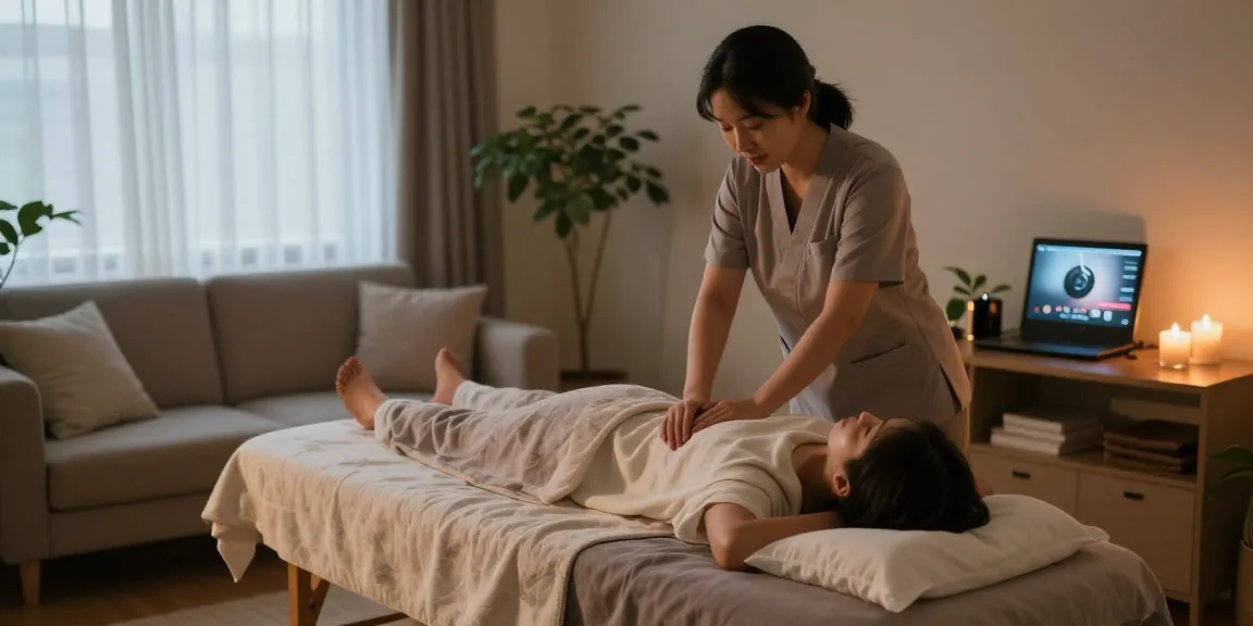 Experiencing a calming 강남출장마사지 in a serene home setting with soothing elements.