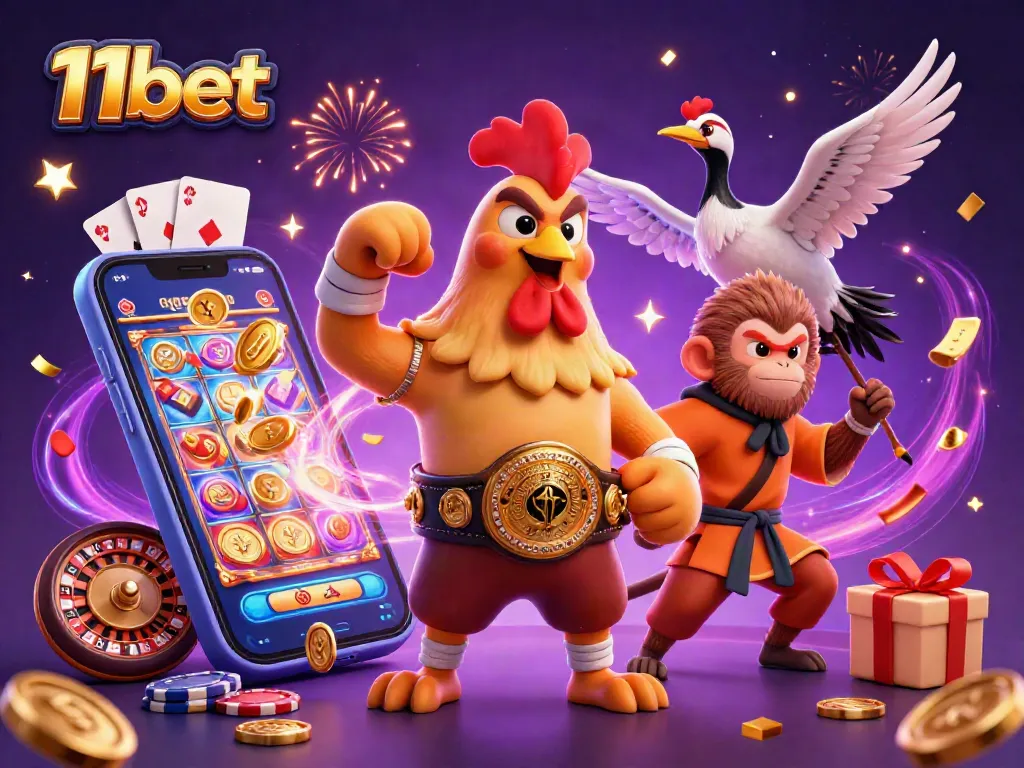 Experience thrilling gameplay and vibrant action with 11bet in this dynamic illustration featuring casino elements.