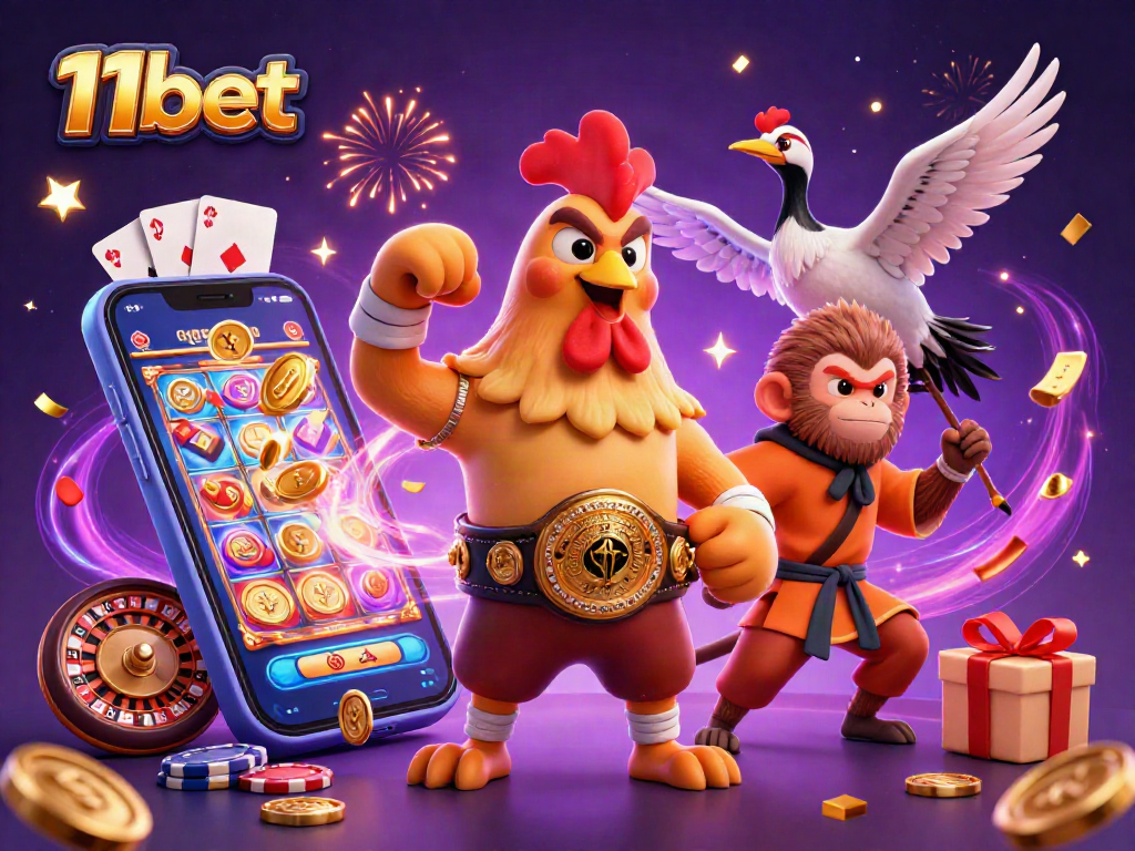 Experience thrilling gameplay and vibrant action with 11bet in this dynamic illustration featuring casino elements.
