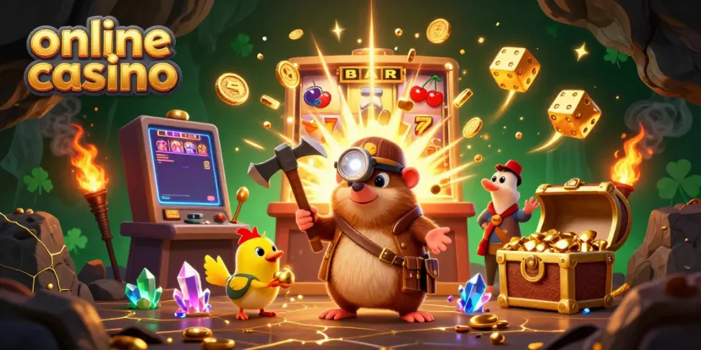 Experience the thrill of an online casino adventure with a treasure-hunting mole amid golden riches and slot machines.