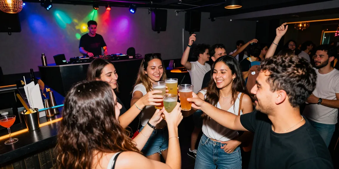 Group of friends celebrating with drinks at a club, showcasing a lively night out with Club21id