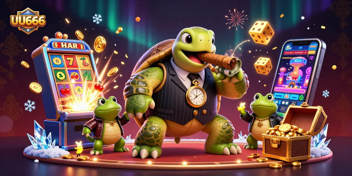 UU666 brings excitement with a cartoon snapping turtle mobster and jackpot slot machine in a vibrant casino.
