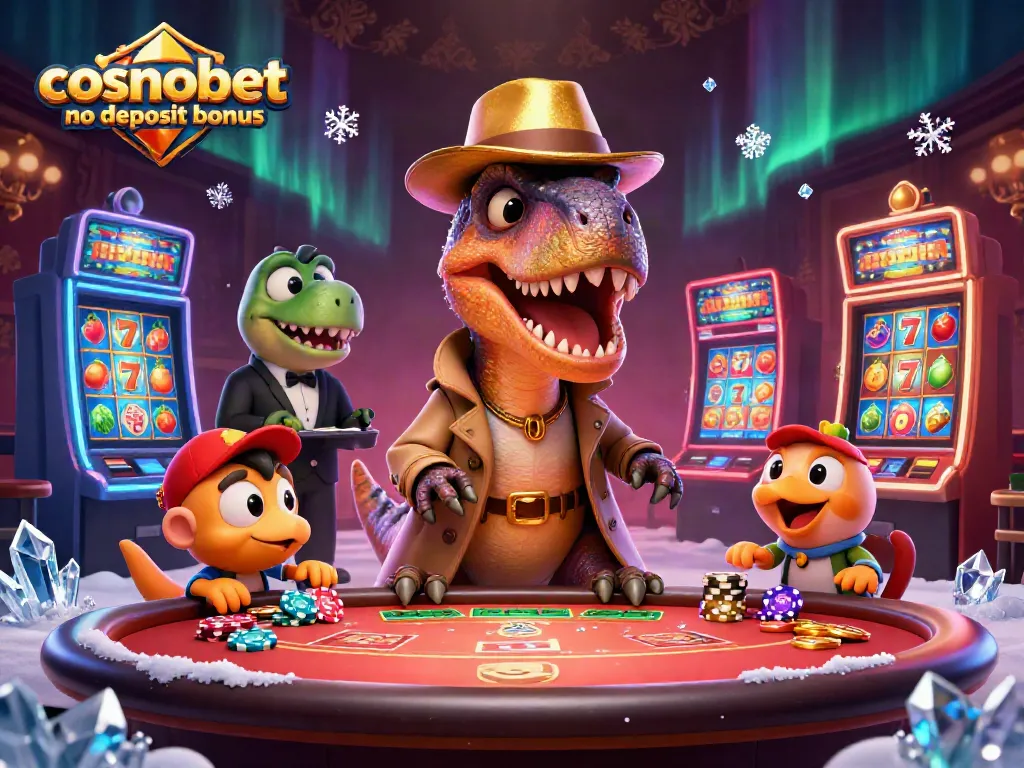 Experience the cosmobet no deposit bonus with a vibrant 3D casino illustration featuring animated characters.