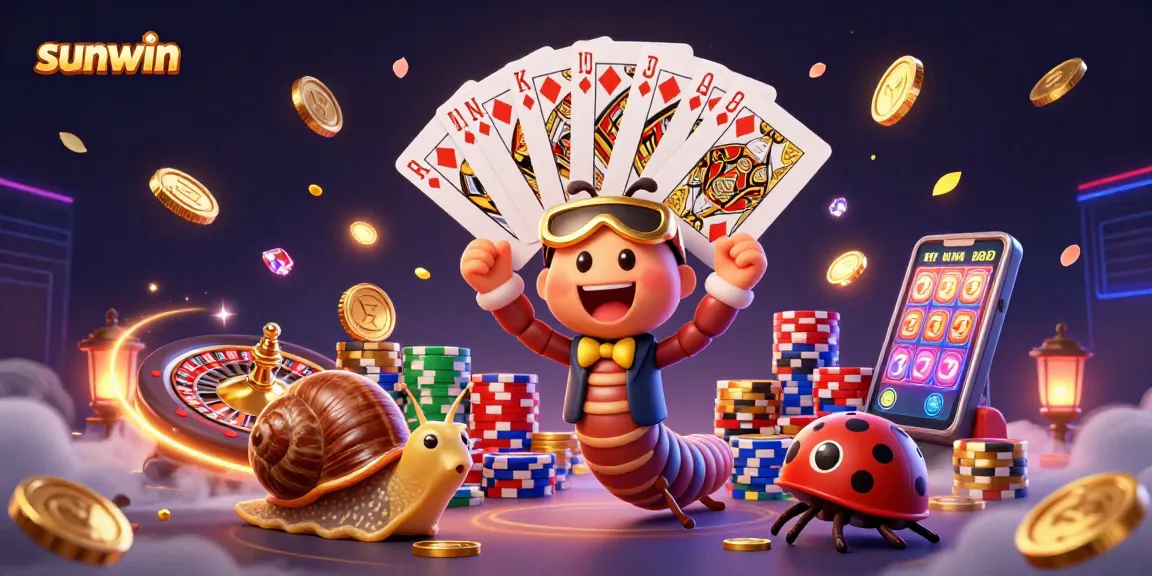 Engage with sunwin's vibrant casino scene, featuring a cartoon dealer, chips, and spinning roulette.