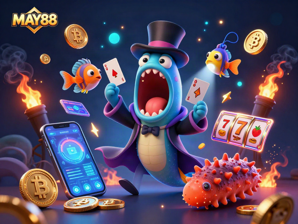 MAY88 illuminates the underwater world with vibrant card tricks and cryptocurrency elements.