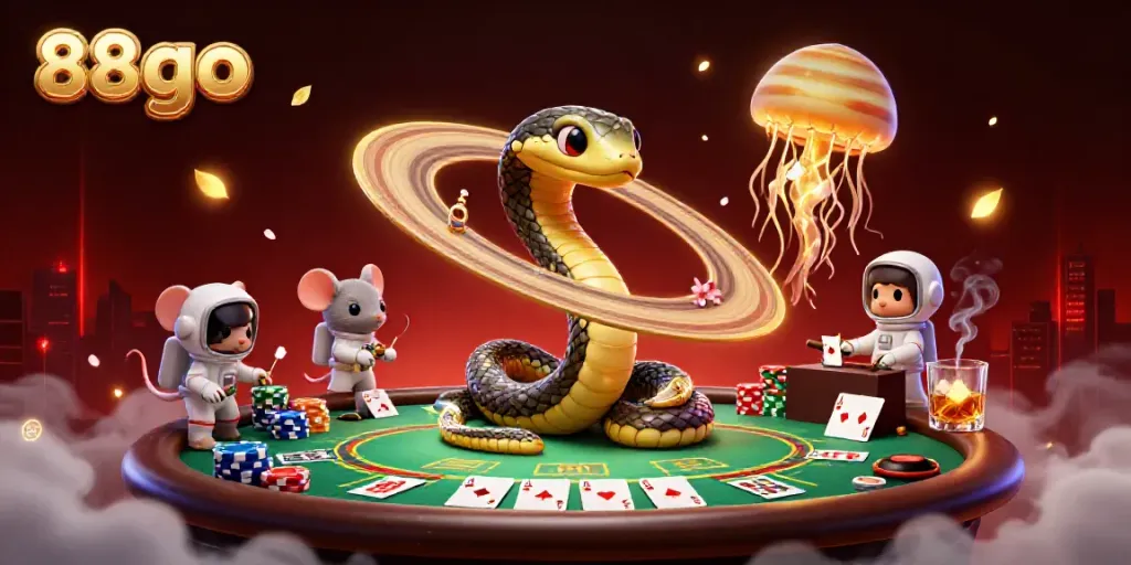 Engaging scene of 88go where astronaut mice place bets on a roulette wheel made from Saturn's rings with a cosmic jellyfish dealer.