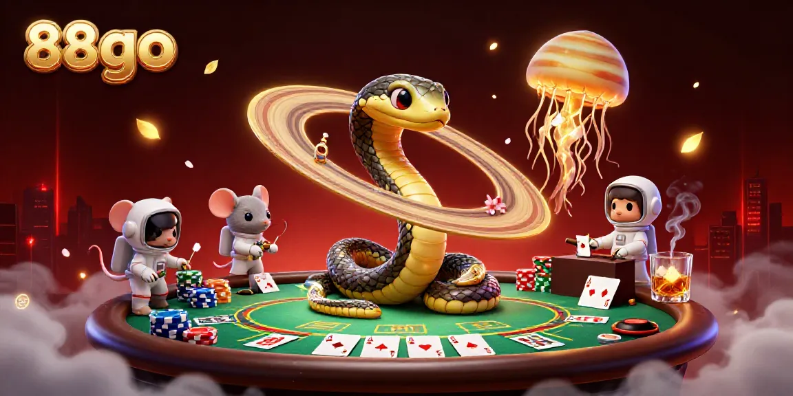 Engaging scene of 88go where astronaut mice place bets on a roulette wheel made from Saturn's rings with a cosmic jellyfish dealer.
