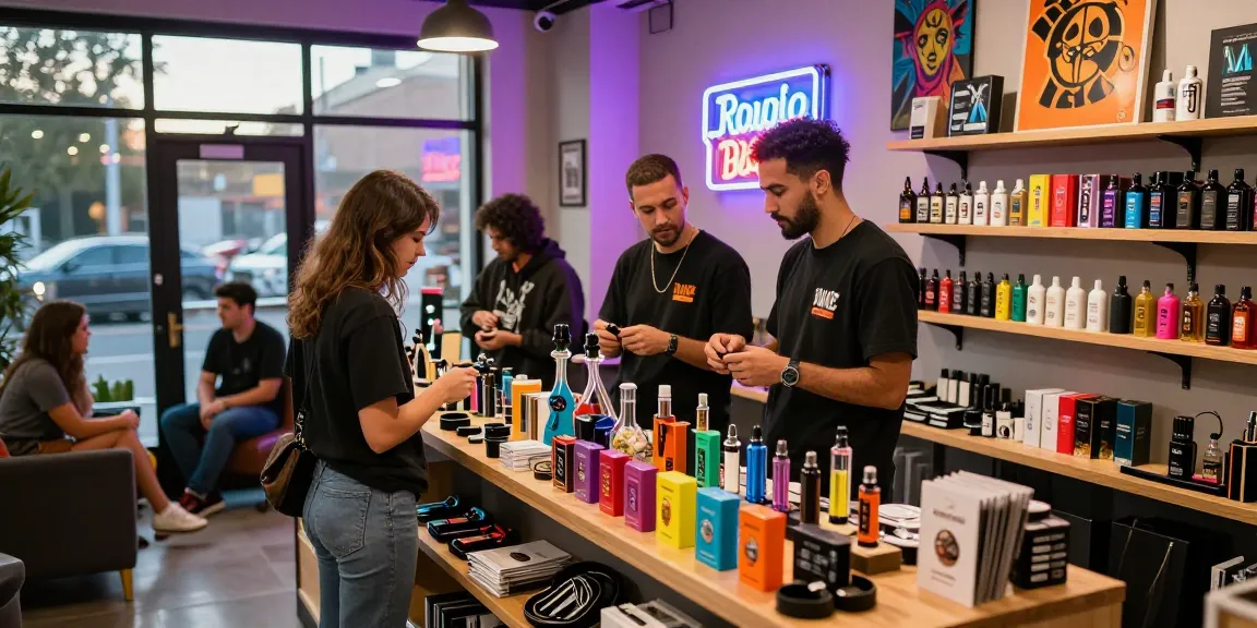 Smoke shop interior with diverse customers exploring products at https://moessmokeshopct.com, showcasing vibrant decor and friendly atmosphere.