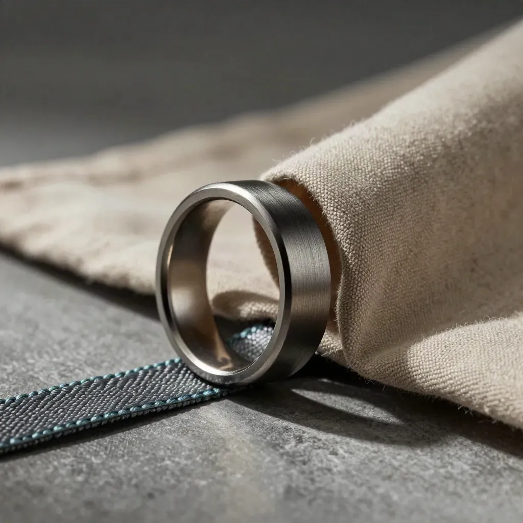 Graphite exchange ring, packing strap and return sleeve draped in fabric, lit by raking light.