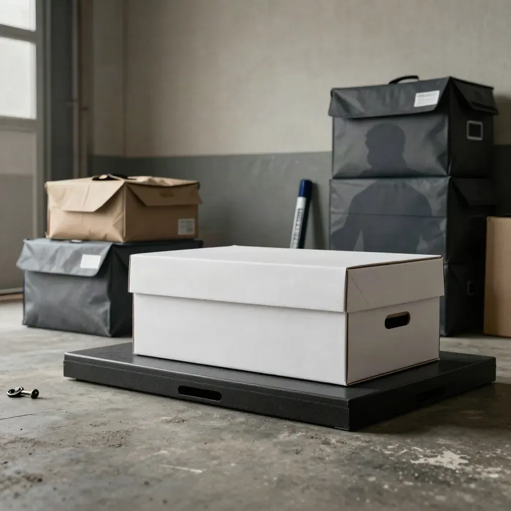 White returns box, courier pouches and routing marker in a dark warehouse threshold.