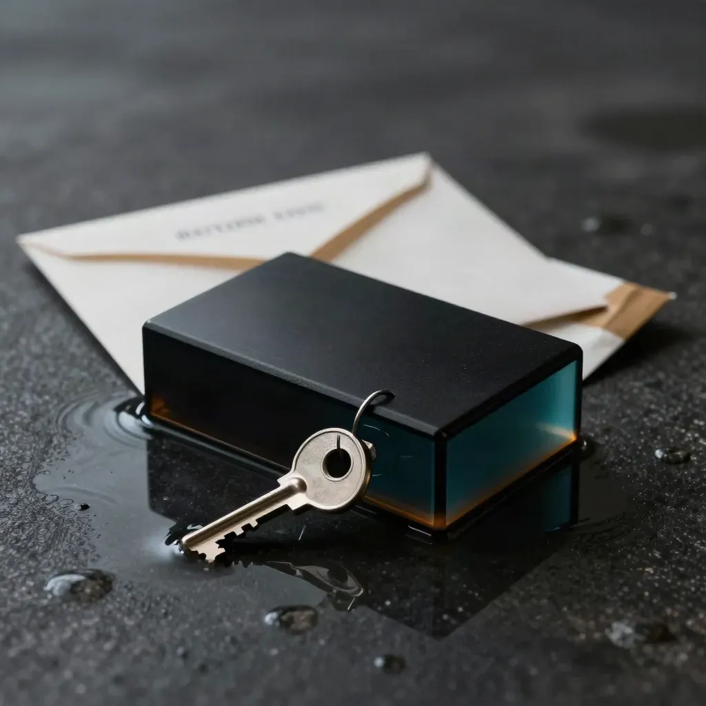Glossy black return block in shallow water beside an envelope and parcel strip, lit dramatically.