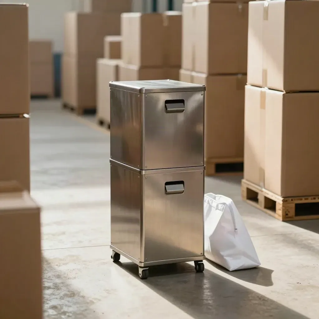 Aluminium routing tower between stacked cartons in a hazy warehouse aisle