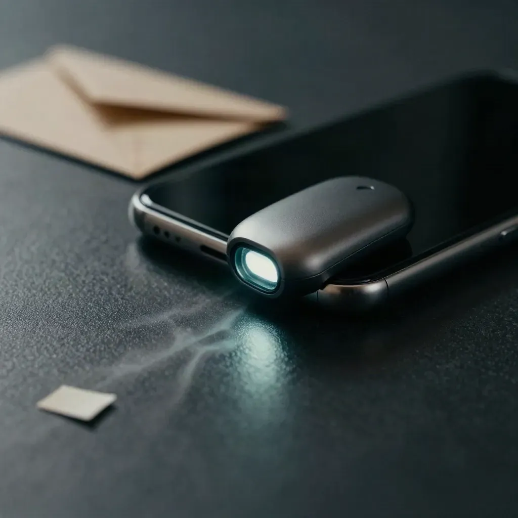 Close-up slate notification beacon beside black glass slab and envelope tab with teal glow.