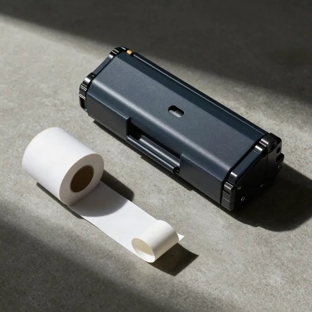 Top-down flat lay of a charcoal label print cartridge, paper roll, parcel edge and cutter sleeve on concrete.