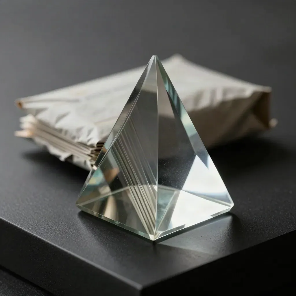Smoked glass analytics prism with translucent tabs beside a routed parcel stack on matte black.