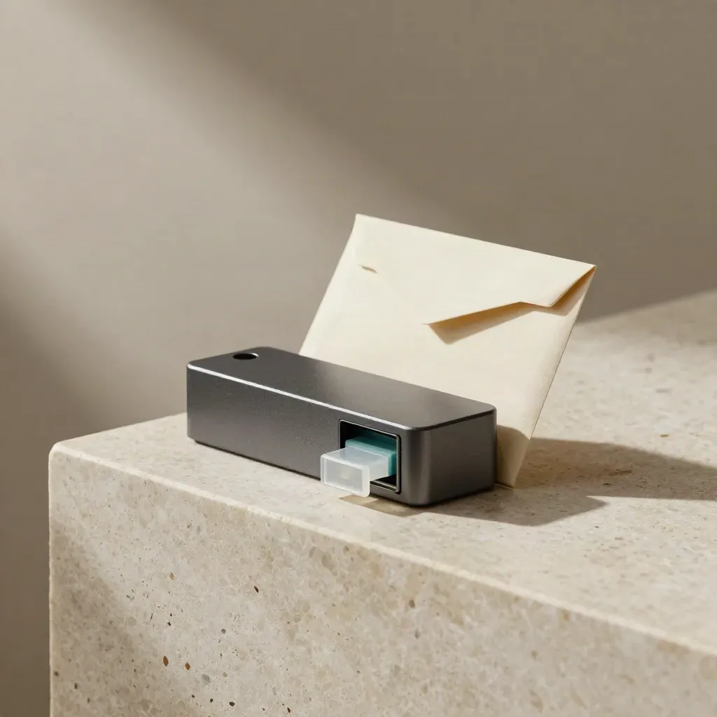 Graphite starter module, cream mailer sleeve and teal routing chip on travertine in a soft studio hero shot.
