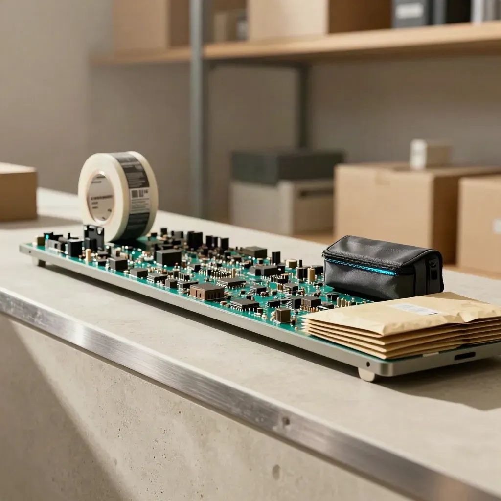 Live returns workflow sculpture with label rolls, routing chips and a courier pouch on a packing ledge.