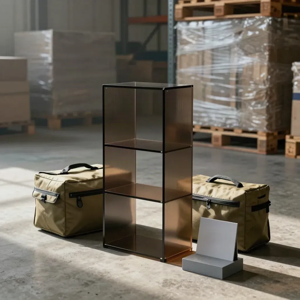 Smoked acrylic scale unit with courier pouches in a hazy fulfilment warehouse