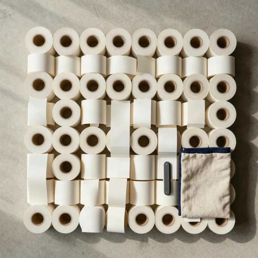 Top-down stack of label rolls with cutter sleeve and folded pouch on pale concrete.