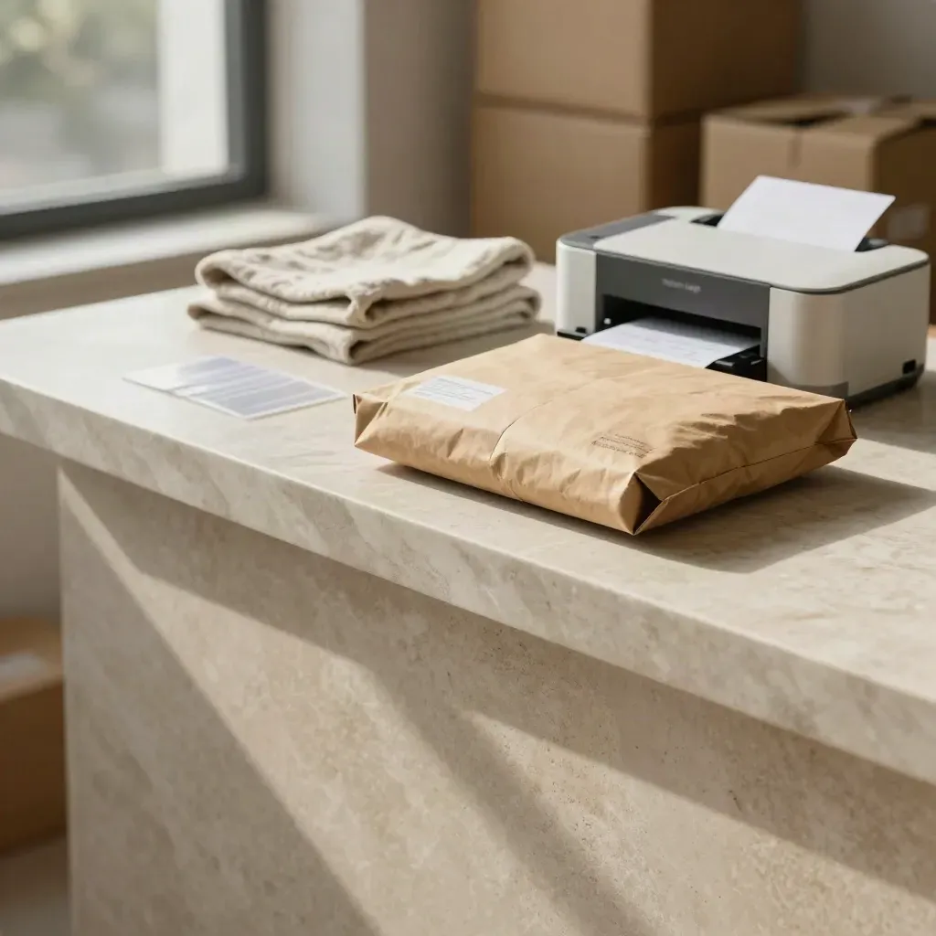 Sunlit marble fulfilment counter with return parcel, label roll and linen, blurred boxes above.