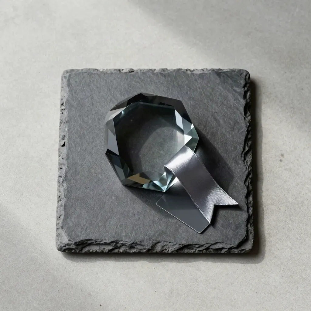 Overhead flatlay of a smoked-glass analytics prism, tab and parcel ribbon on concrete.
