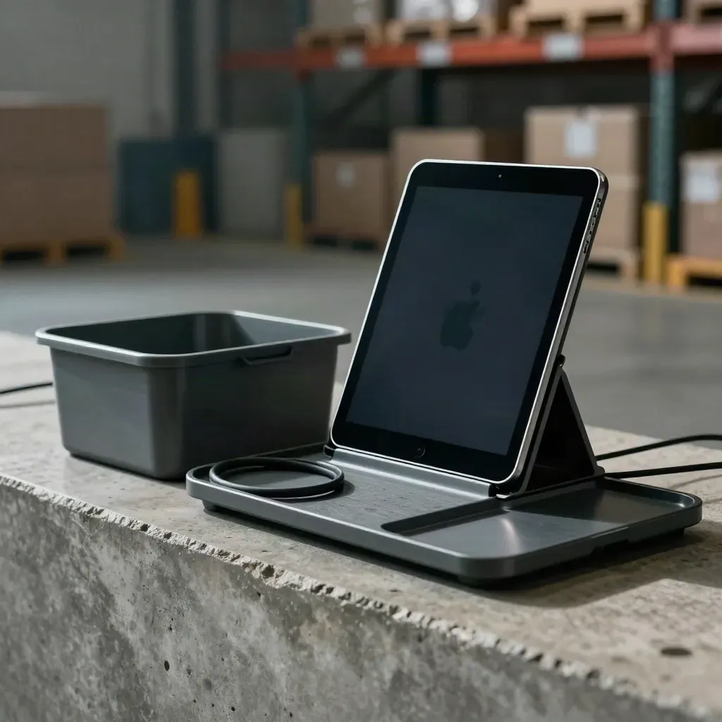 Compact scan dock with tablet and phone beside a route bin in cool industrial light.