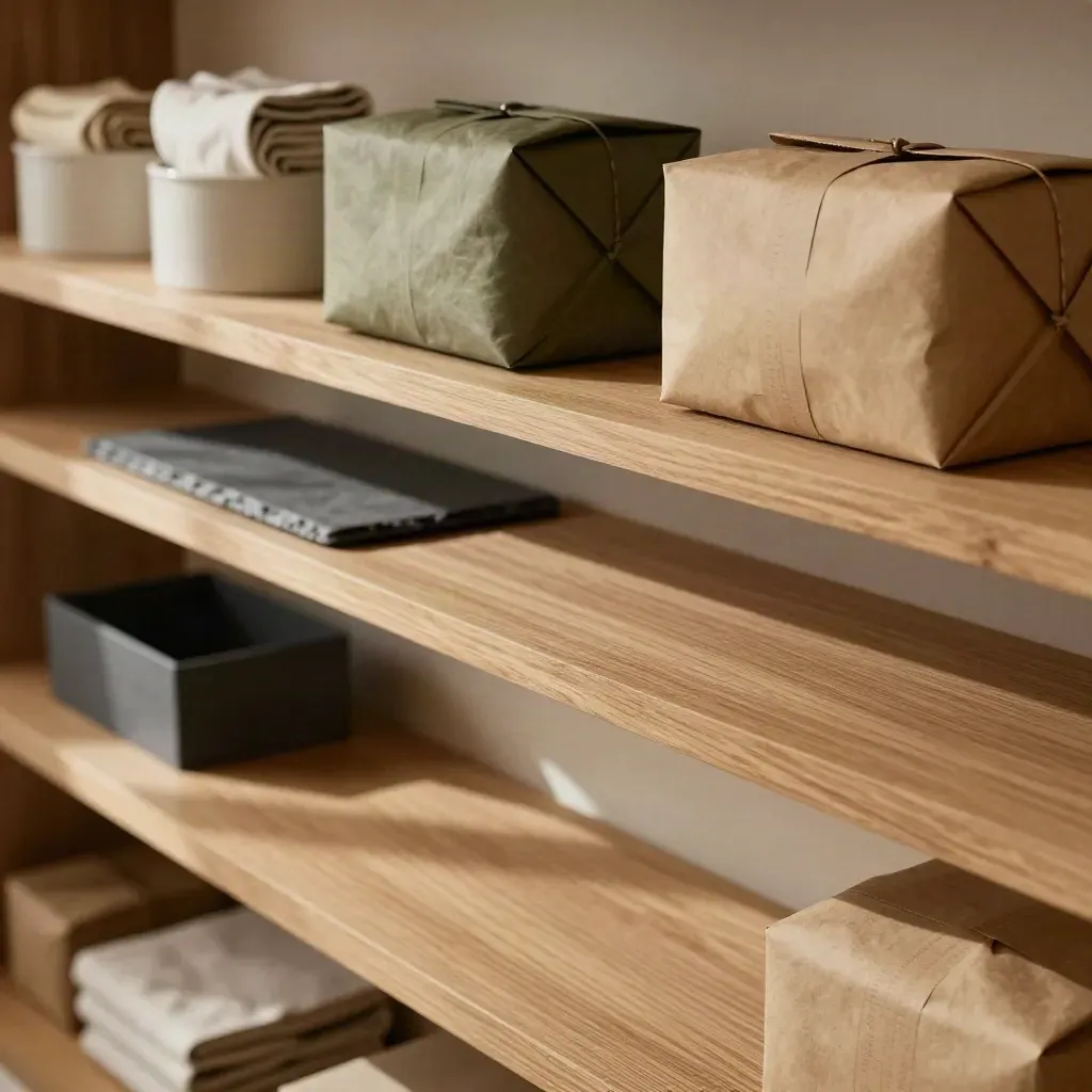 Oak shelf with return parcels, ceramic bins, and folded textiles in a calm backroom