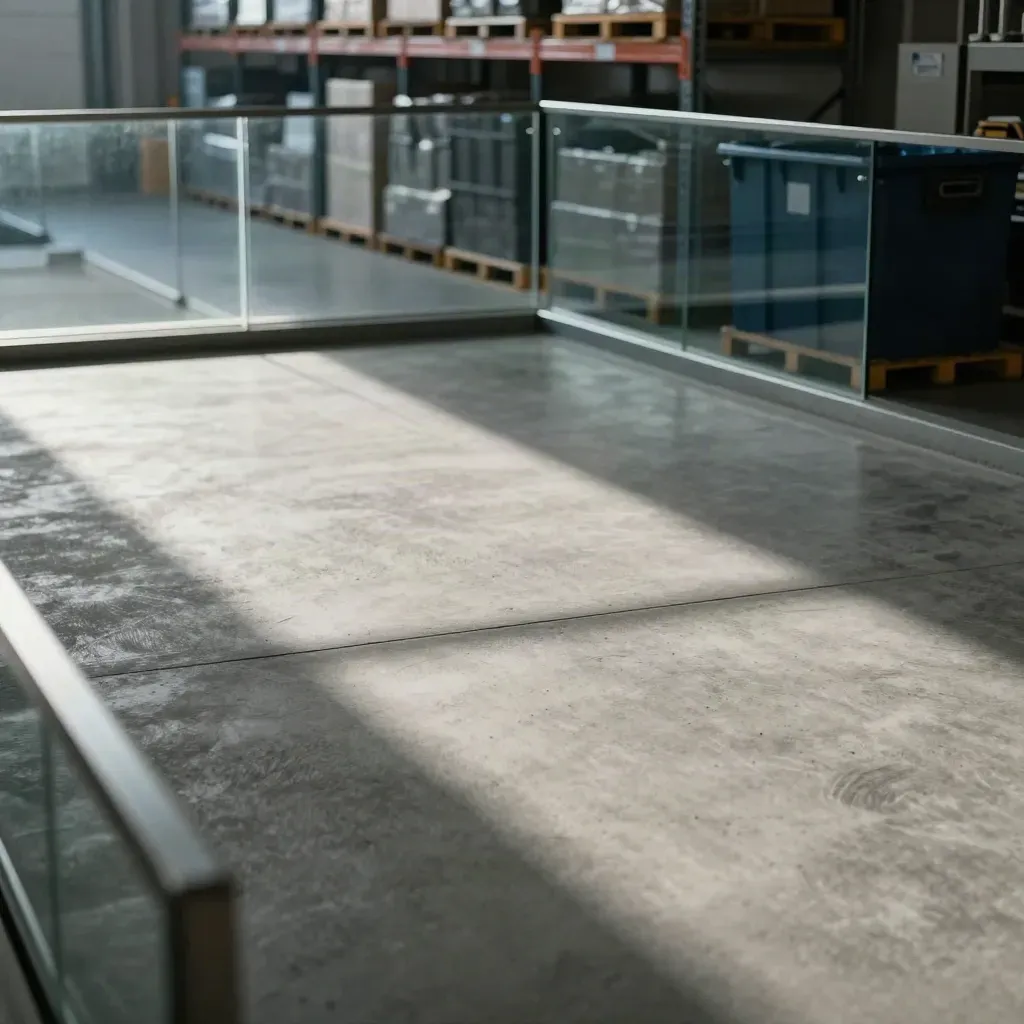 Concrete mezzanine with return cartons, glass balustrade, and soft morning haze