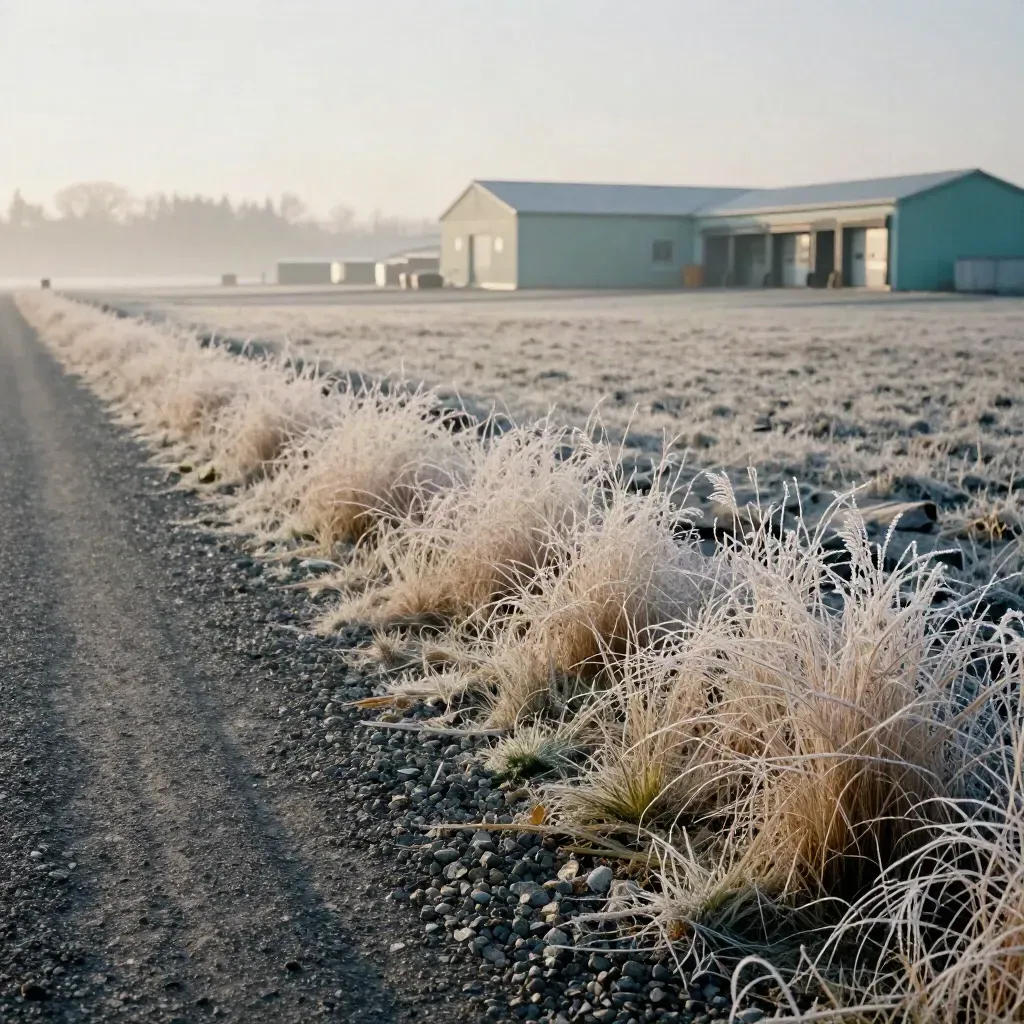 Winter gravel depot edge with pale grass and misty loading bays above an open calm field.