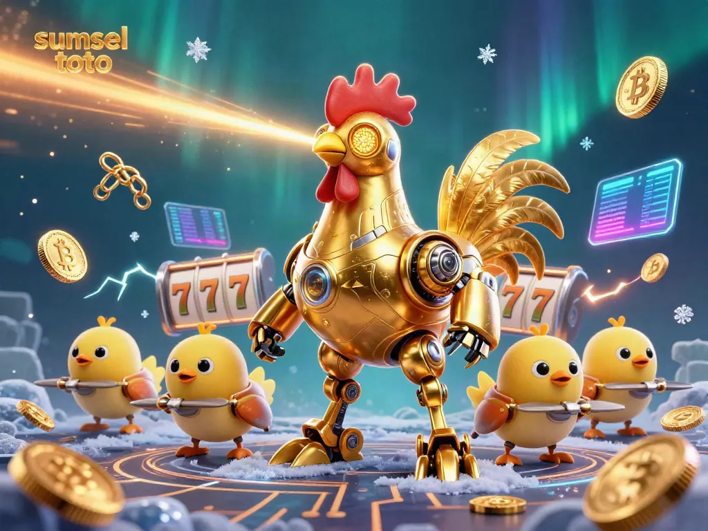 Engage in thrilling gameplay with sumsel toto featuring a golden rooster robot and baby chick drones at a vibrant slot machine.