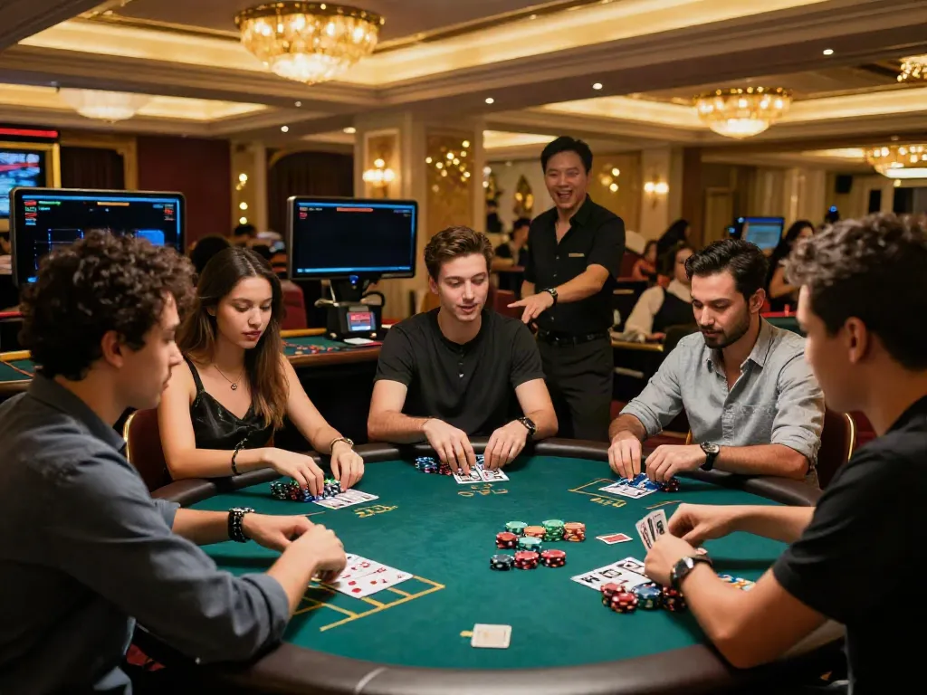 Exciting online gaming atmosphere at a luxurious casino with players engaged in live dealer games, showcasing the thrill of SIN88.