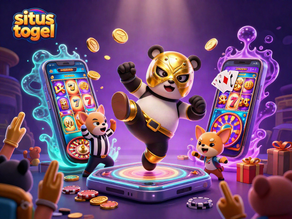 Situs togel game scene with a wrestling panda, animal spectators, and vibrant casino elements.