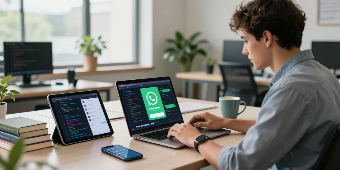 WhatsApp下載 in action at a modern tech workspace with laptops and tablets.