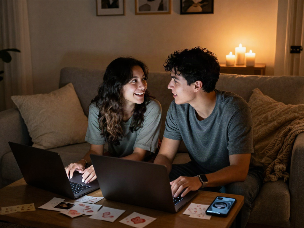 Couple sharing a sexchat in a cozy room, laptops and intimate decor creating a warm atmosphere.