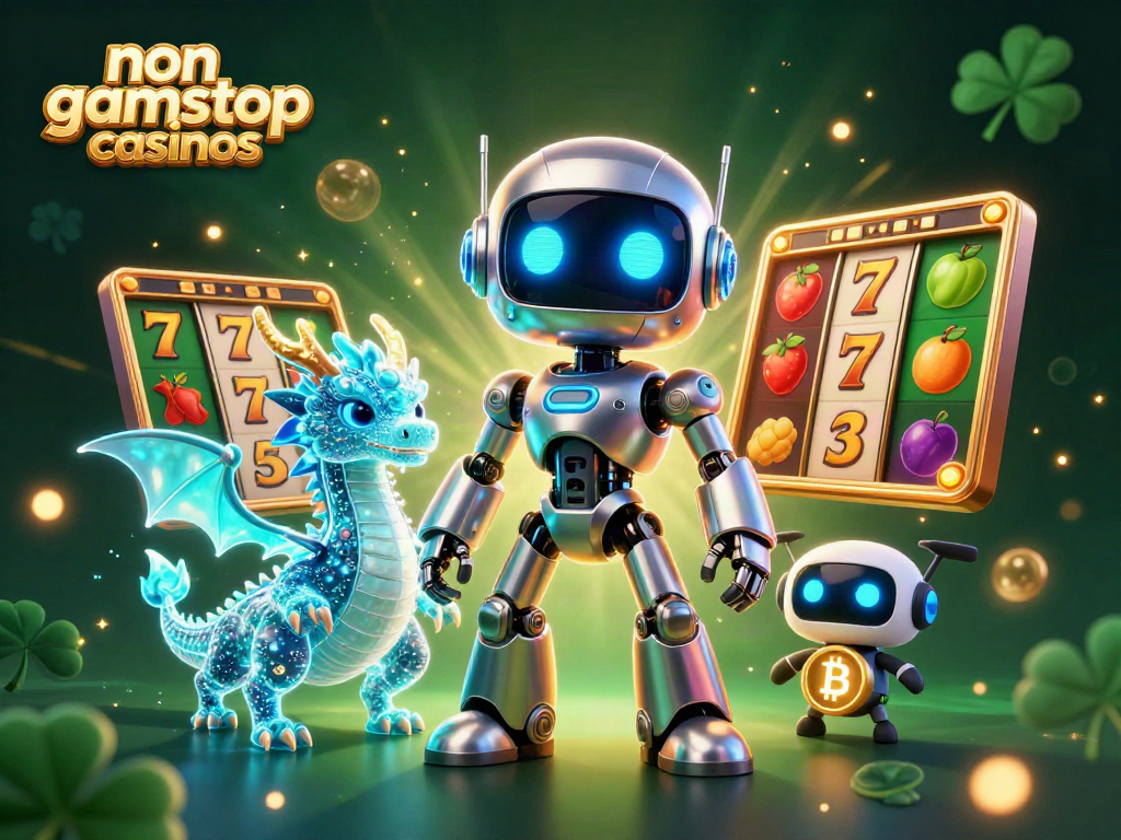 Plunge into action with non gamstop casinos featuring a charismatic robot and AI companions surrounded by vibrant slot elements.