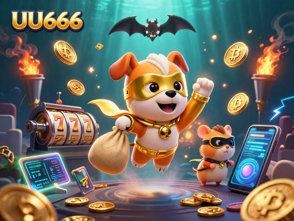 Experience thrills with UU666 in this vibrant 3D casino scene featuring a superhero dog and gold elements.