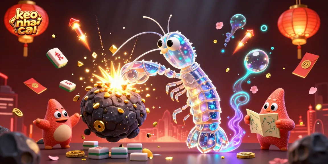 Bet on keo nha cai with a 3D illustration of a glowing mantis shrimp and starfish surrounded by gambling elements.
